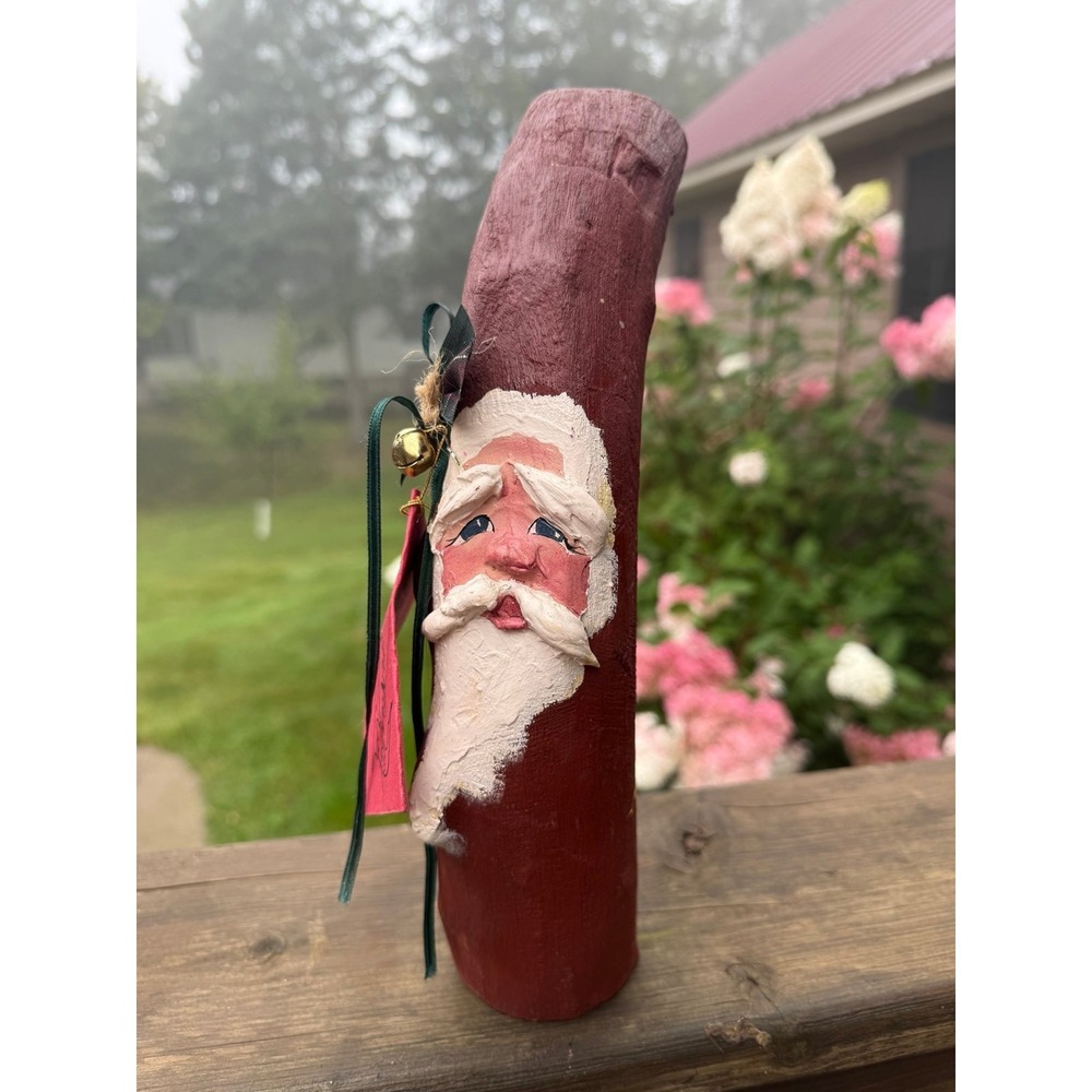 Driftwood Santa Clause Hand Painted  Unique Christmas Cute Face Wood Carved Red